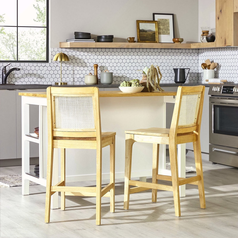 Transitional Solid Wood And Rattan Counter Stool