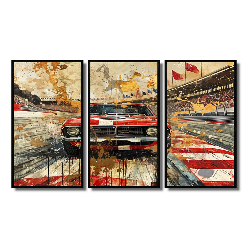 Drapeau américain de couleur rétro Muscle Race VI - ensemble d'art mural, Toile avec cadre flottant noir