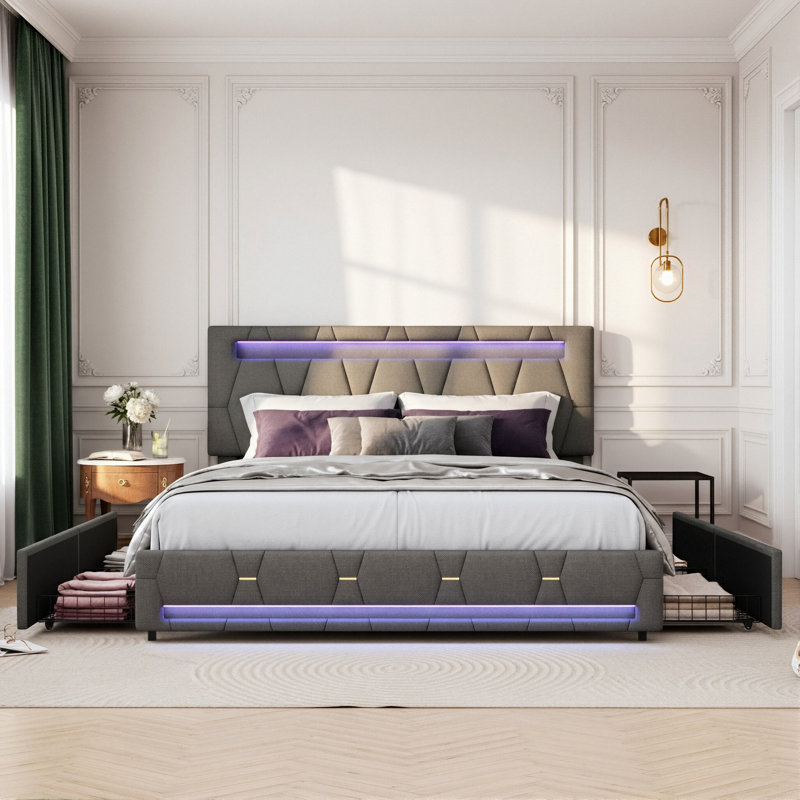 Storage Bed With 4 Drawers & Dual LED Lights, Upholstered Bed Frame With Adjustable Headboard, Grey Linen