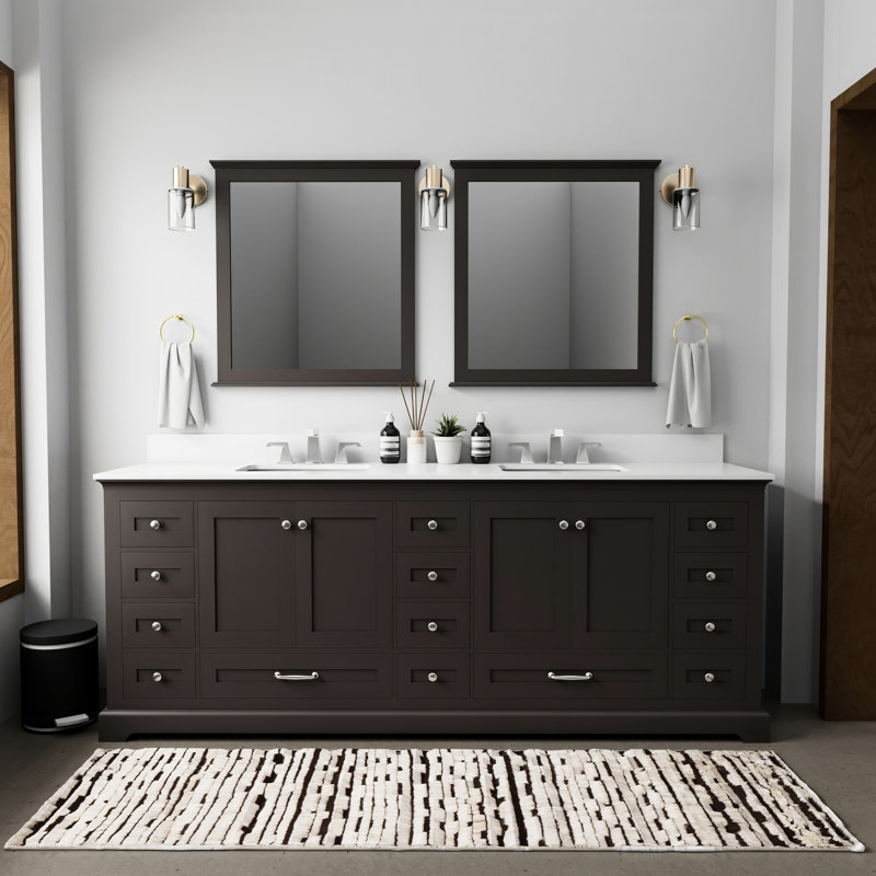 Meuble-lavabo double 84 po L 22 po x P - Structure en bois massif, plateau en quartz, fermeture en douceur, résistance aux égratignures et aux taches, nombreuses options de rangement, portes fermées, espace