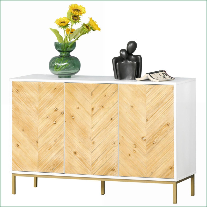 Sideboard Buffet Cabinet, 3-Door Modern Rustic Storage with Chevron Pattern &amp; Adjustable Shelves | MDF + Steel Legs