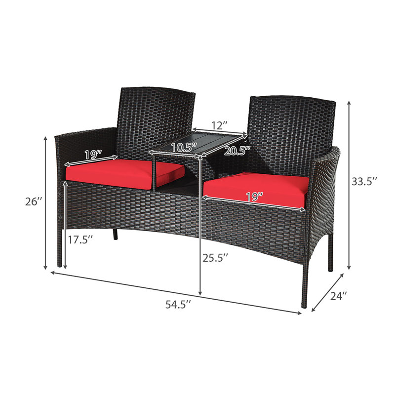 Ensemble de conversation en rotin avec coussins 3 pièces Ballimamore, Rouge