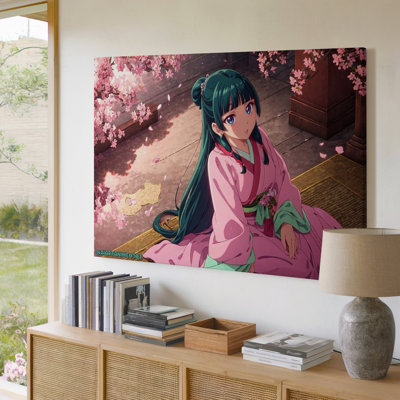 Dessin de fille animée en kimono rose sous un cerisier en fleurs, impression sur toile pour le salon, la chambre à coucher, le bureau, le couloir, le vestibule, le mur de la galerie et la décoration intérieure moderne