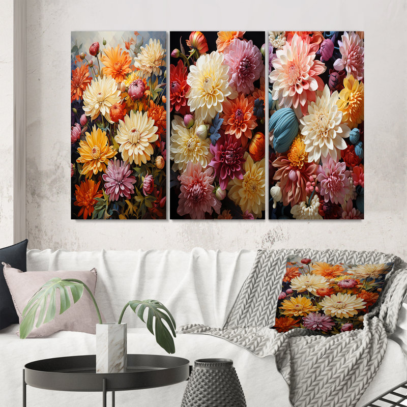 «Mums Mums In Bloom», 3 pièces sur toile, H 40 po x l 60 po, Toile tendue