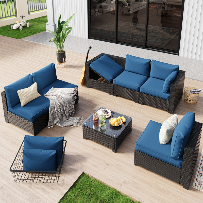  𝗣𝗿𝗲-𝗮𝘀𝘀𝗲𝗺𝗯𝗹𝗲𝗱 𝗖𝗵𝗮𝗶𝗿𝘀, 6-Person Patio Furniture Set Rattan Modular Conversation Sets Outdoor Seating Sofa Group With Coffee Table