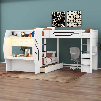 L-Shaped 3 In 1 Bunk Bed With Built-In Desks, Wood Bunk Bed With Ladders, Storage Drawers, Pegboard & LED Light