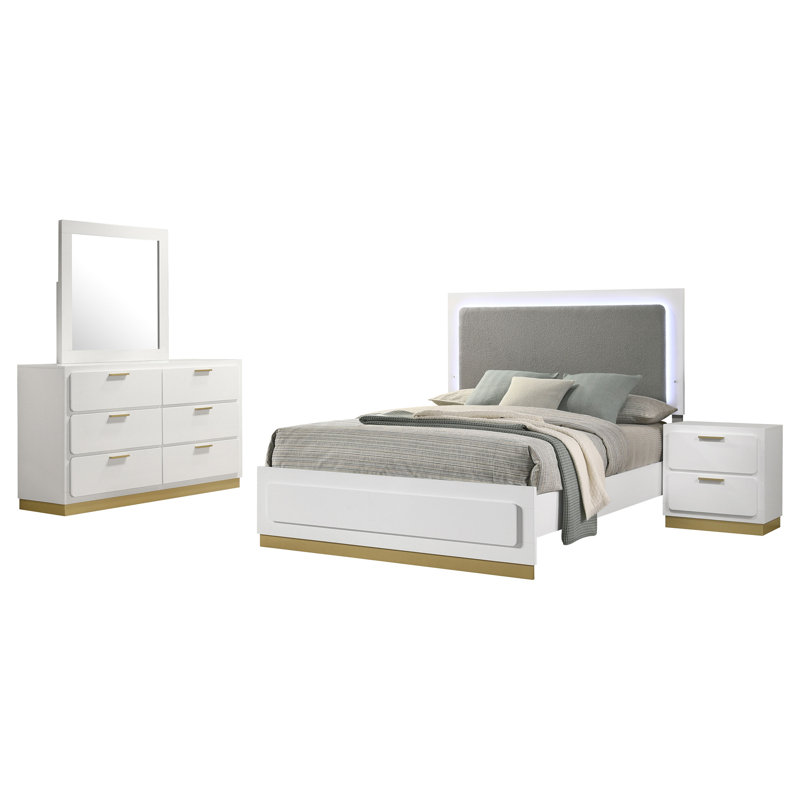 Ensemble de chambre à coucher 4 pièces Caer, Queen, Blanc / or / gris clair