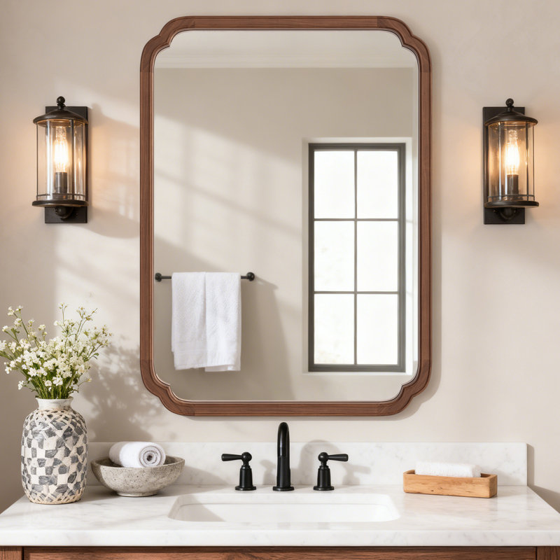 Ali Solid Wood Scalloped Wall Mirror, Walnut, 1, 40" x 28"