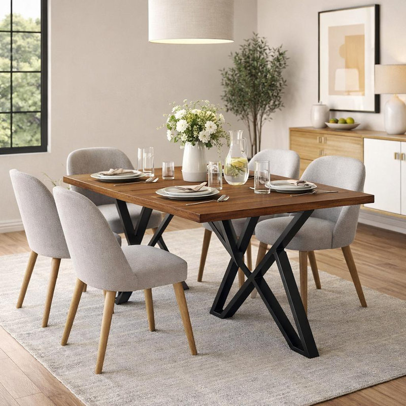 Table de salle à manger, plateau rectangulaire en bois 59 po, base en tréteaux en métal noir