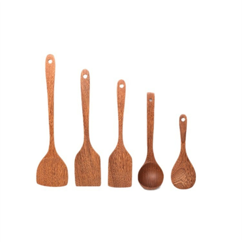 Ensemble d'ustensiles en bois naturel 6 - Pinces antiadhésives, spatule à long manche et louche pour la cuisine