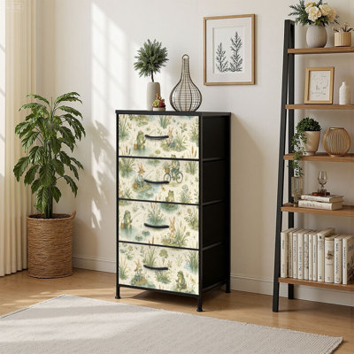 4 Drawer Vertical Storage Dresser Whimsical Woodland Frog Rabbit Pond with Wood Top Fabric Pull Drawers