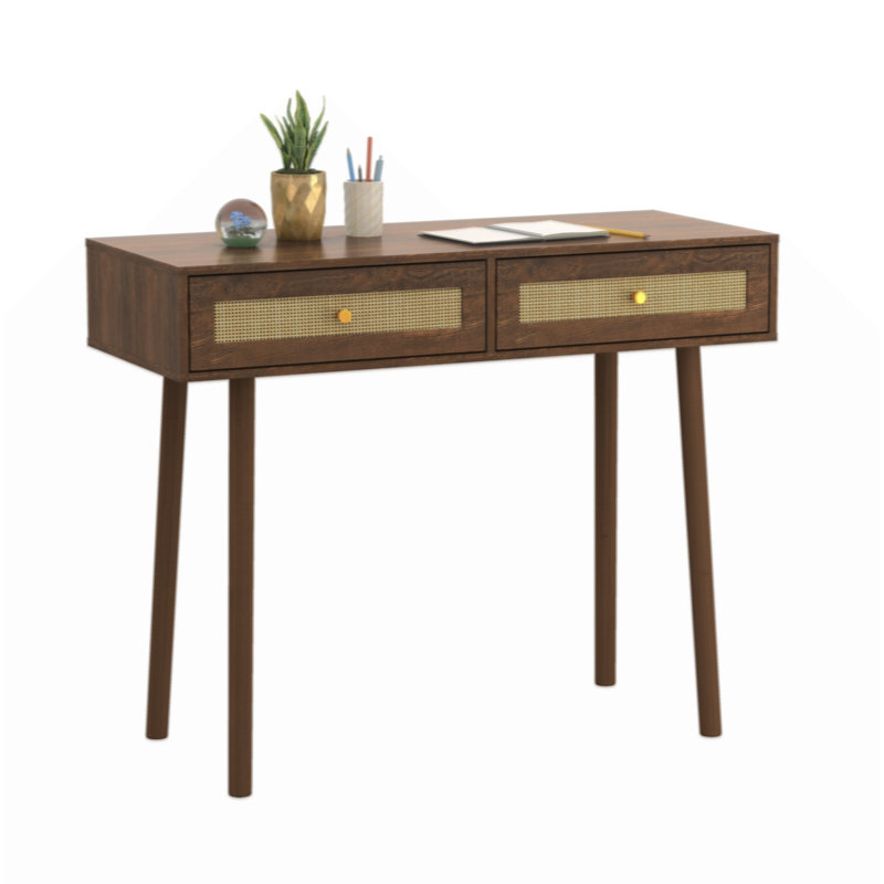 Table bohémienne, 2 tiroirs en rotin, Brun