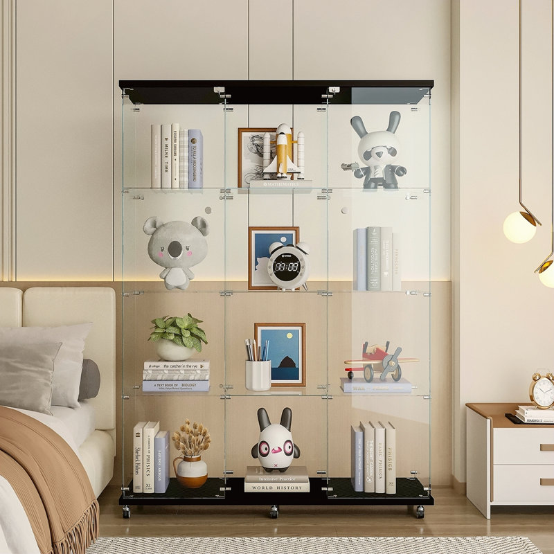 Glass Display Cabinet With 4 Shelves Extra Large, Curio Cabinets For Living Room, Bedroom, Office, Floor Standing Glass Bookshelf, Quick Installation