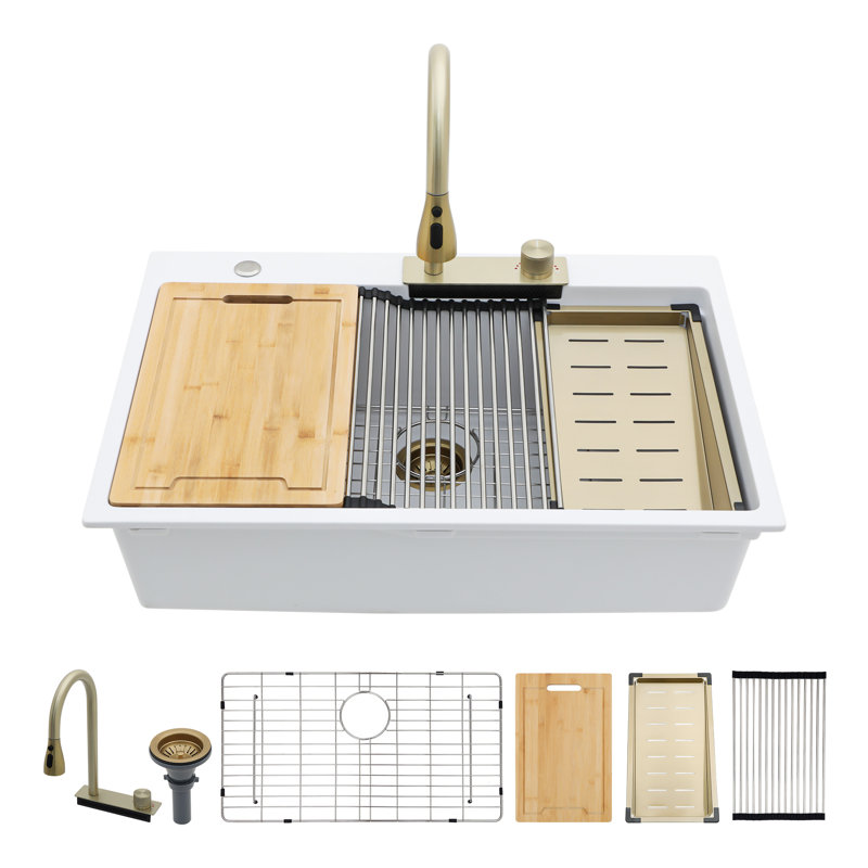 33 Inch Drop In Workstation Granite Composite Kitchen Sink Quartz Single Bowl Sinks with Waterfall Kitchen Faucet, White