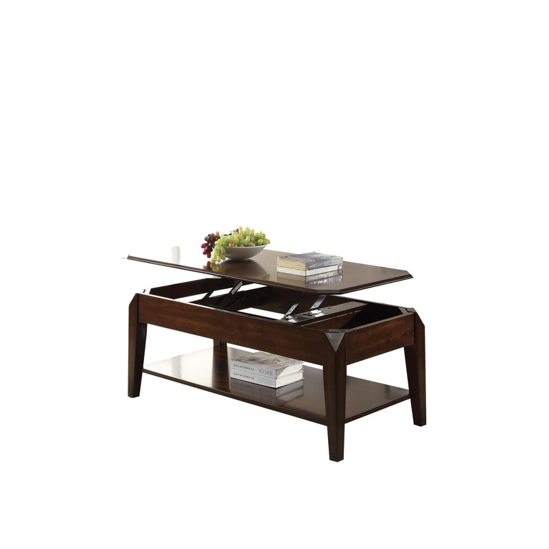 Table basse gracieuse en noyer avec plateau relevable, rangement et tablette de présentation