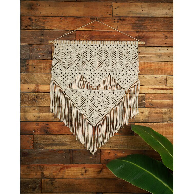Handcrafted Ivory Cotton Wall Hanging with Pine Wood Rod - Bohemian  Waterfall