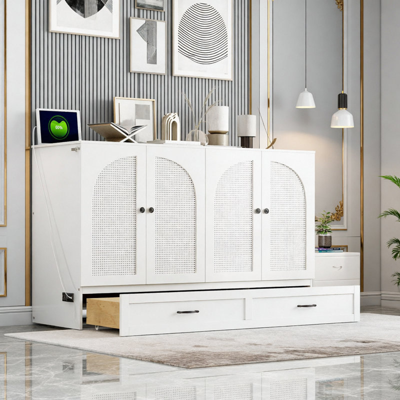 Grand lit escamotable avec grands tiroirs, Blanc