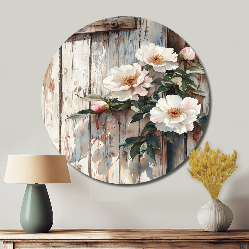 Picard - Art mural blanc traditionnel en métal, impression de pivoines sur un cercle en métal, H 29 po x l 29 po