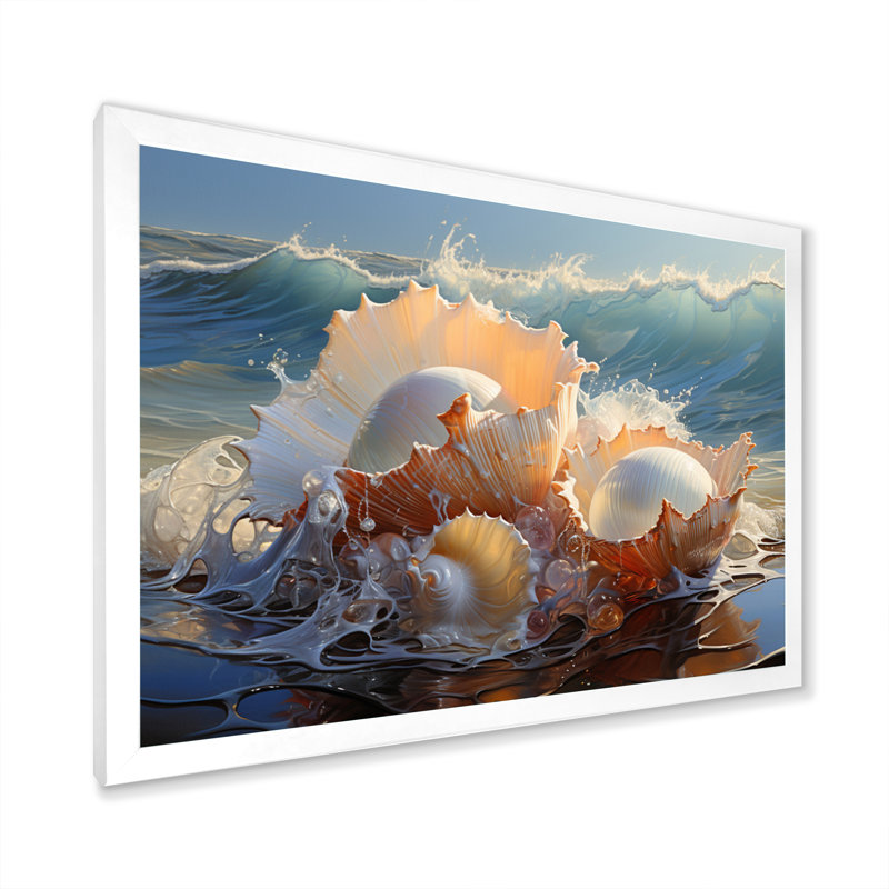 Coquillages blancs sur la plage - impression, Cadre simple blanc, H 30 po x l 40 po x P 1,5 po
