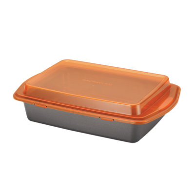 Rachael Ray Bakeware Nonstick Cake Pan with Lid, 9 Inch by 13 Inch, Gray with Orange Lid