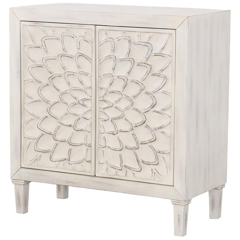 2-door White Accent Cabinet With Floral Decor - Rustic Style Delicate Patterns Living Space
