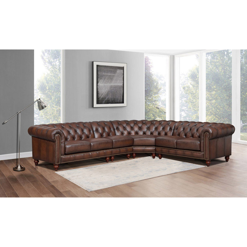 Caramel Brown Leather Tufted Chesterfield Sectional Sofa with Rolled Arms