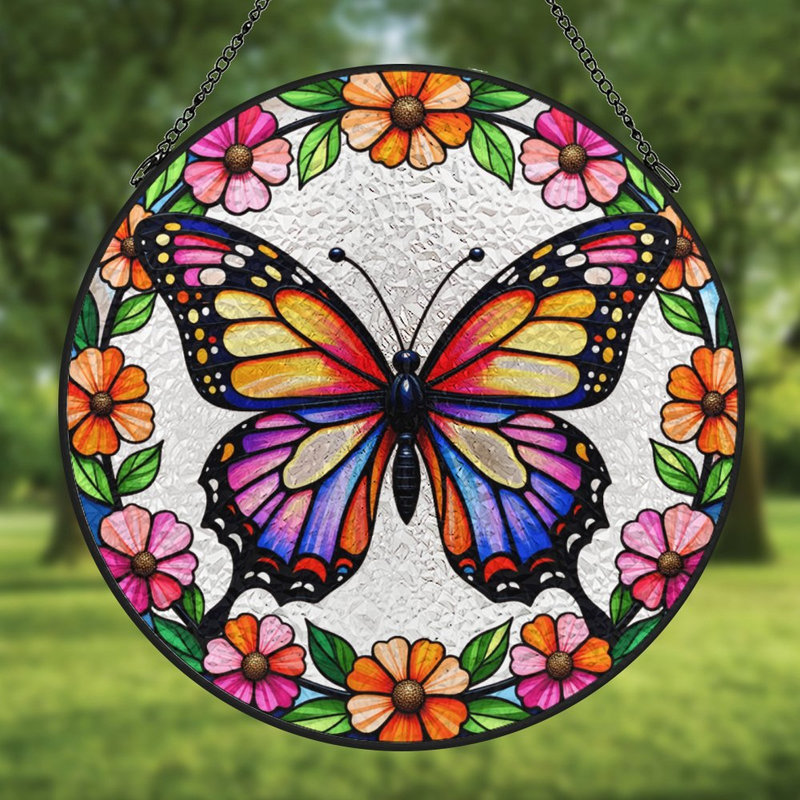 Vitrail papillon à motif floral et vitrail pour fenêtre, 6.3x6.3in(16x16cm)