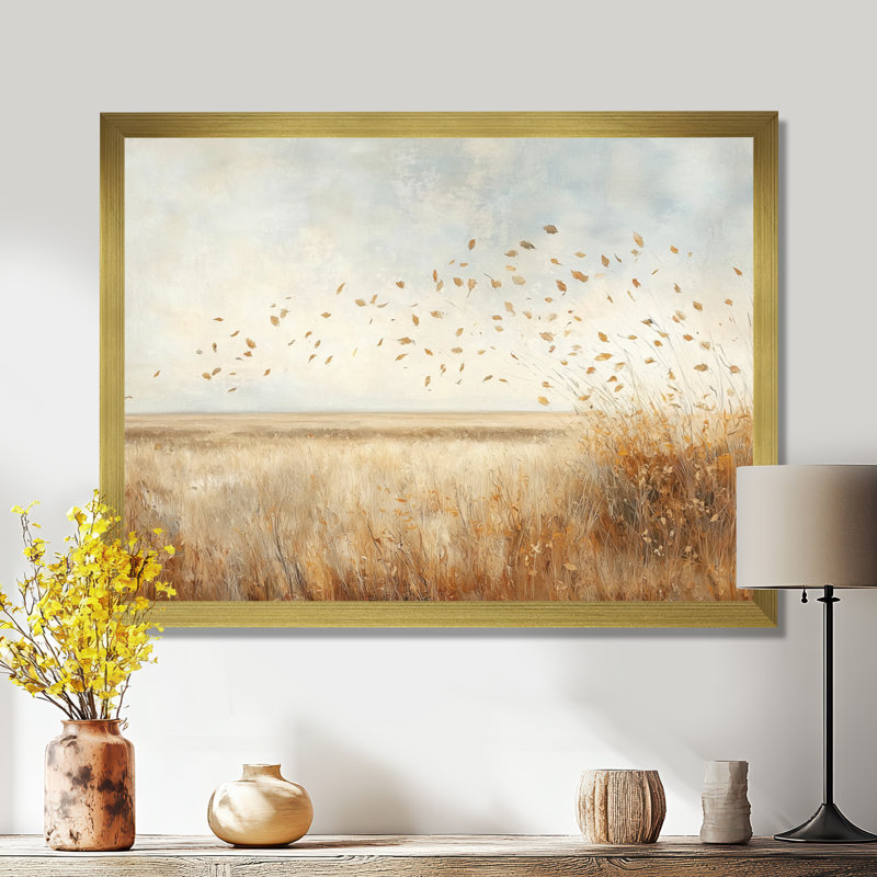 «Meadow Windy Prairie Leaves III», art mural prairie, H 30 po x l 40 po, Reproduction encadrée, Doré
