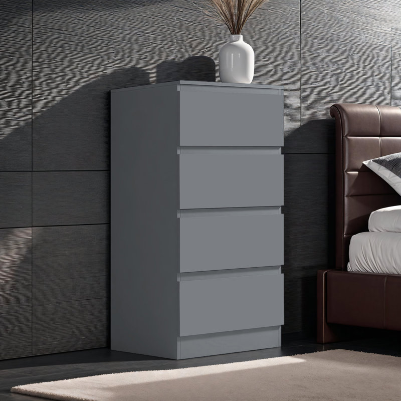 Carlton 4 Drawer Tallboy Chest Of Drawers. 40cm Wide. Matt Finish. Scratch Resistant. Modern No Handle Design., Grey