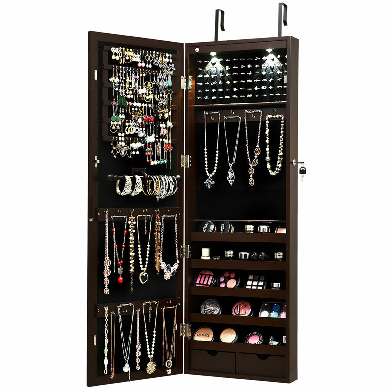 Over-the-Door Jewellery Cabinet with Mirror Jewelry Armoire, Brown