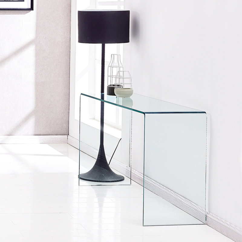 Console en verre, console en verre trempé transparent avec bureaux à bords arrondis, table de canapé