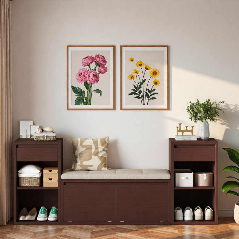 Banc de rangement avec coussin, compartiments, tiroirs et tablettes ouvertes, Brun