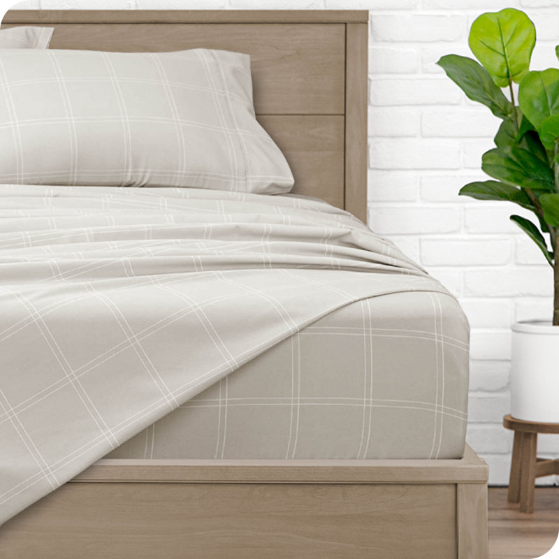Twin XL Stone and White Plaid Microfiber Sheet Set