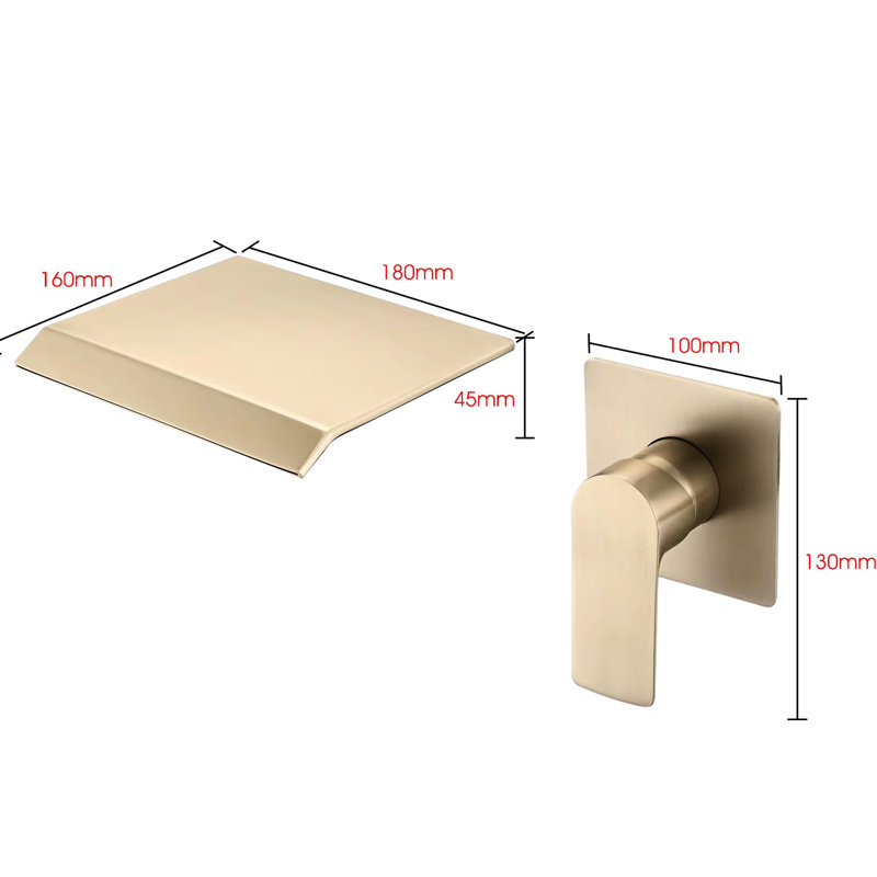 Robinet pour salle de bain mural en or brossé - style cascade moderne avec débit d'eau doux et robinet de corps monté, design pour un style élégant