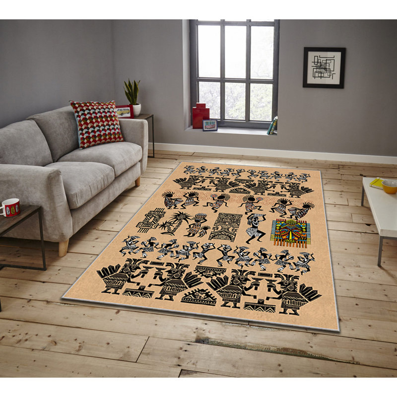 Tapis rectangulaire tissé à la machine en polyester brun clair / noir Kaylyn, Rectangle 3 pi 11 po x 5 pi 11 po