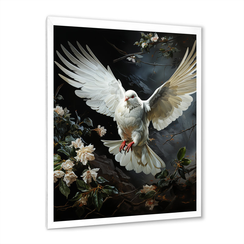 «White Dove Messenger» - art mural colombe, H 44 po x l 34 po x P 1,5 po, Cadre simple blanc
