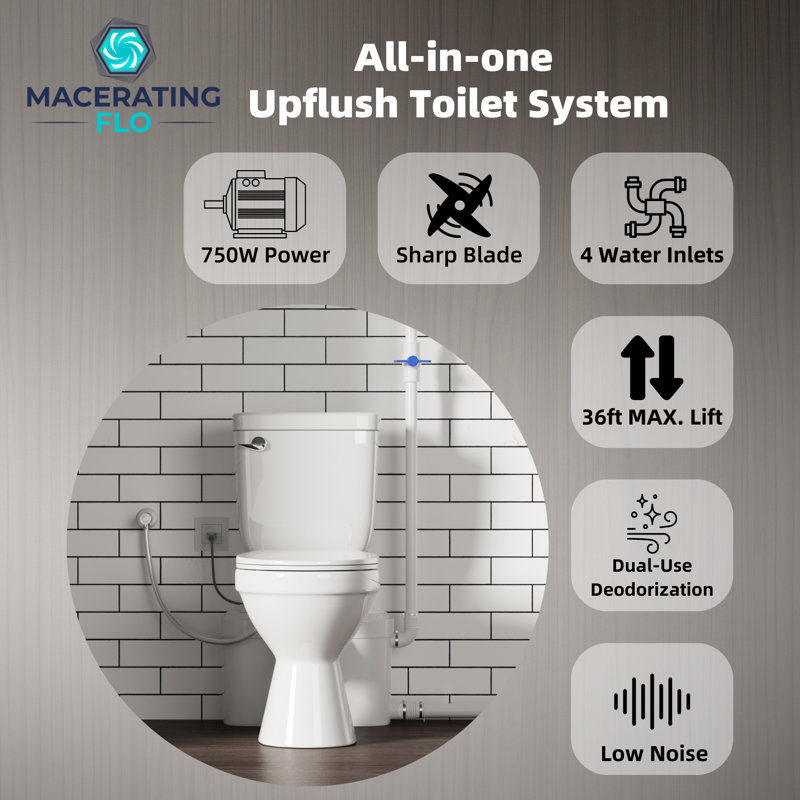 MaceratingFlo 750W Macerating Toilet System, Compact Basement Upflush Toilet with Extension Pipes