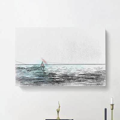 Solo Red Sailboat & Seascape In Abstract - Wrapped Canvas Print
