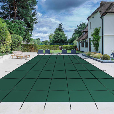 Couverture de sécurité pour piscine en maille verte 18 x 34 pi ultra-dense, couverture hivernale rectangulaire robuste avec outils et ancrages en acier inoxydable, bloqueur de débris et économiseur d'eau