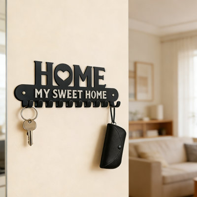 Crochet mural noir en métal «My Sweet Home» | Rangement robuste pour clés et manteaux en fer | Porte-chaussette de Noël | Décoration de maison de campagne moderne