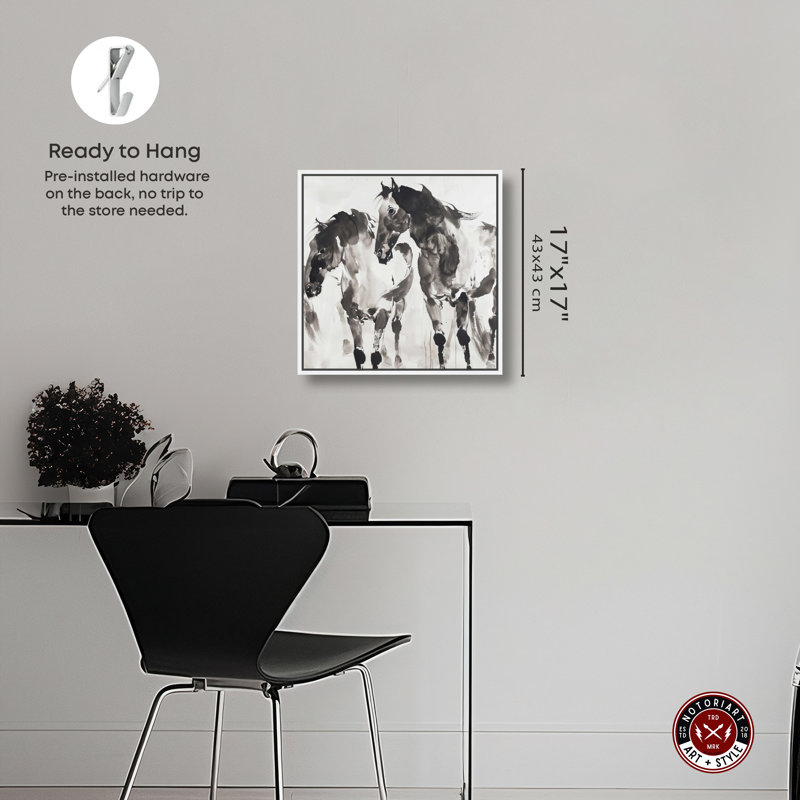 «Horses In Inkwash Masculine Abstract Man Cave» par Notoriart, Cadre blanc, H 17 po x l 17 po