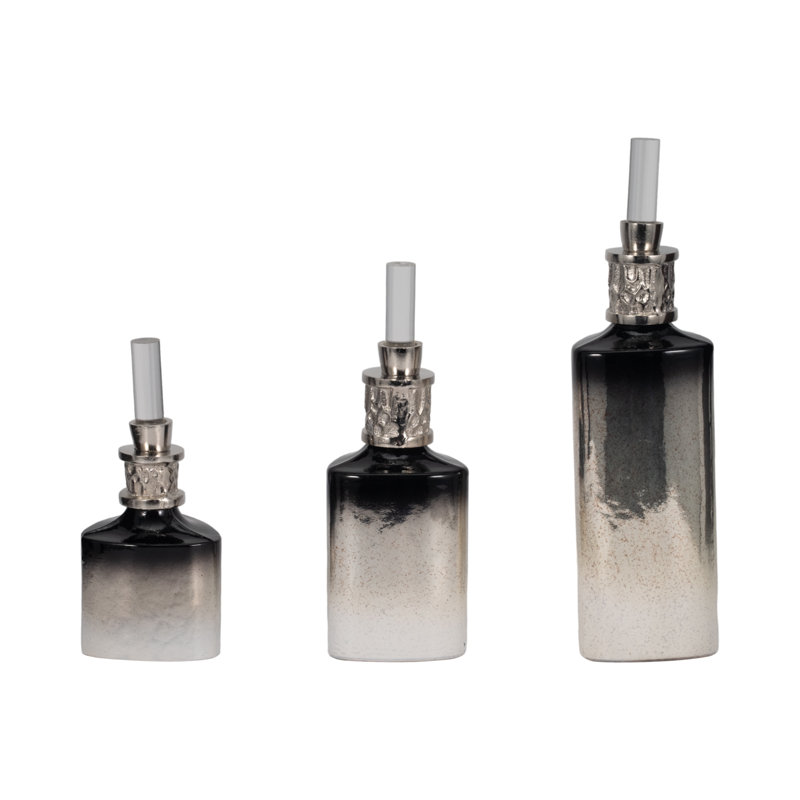 Contemporary Lidded Glass Bottle Vase with Metal Topper for Home Decor - Decorative Flower Vase for Living Room or Bedroom Display - Set of 3