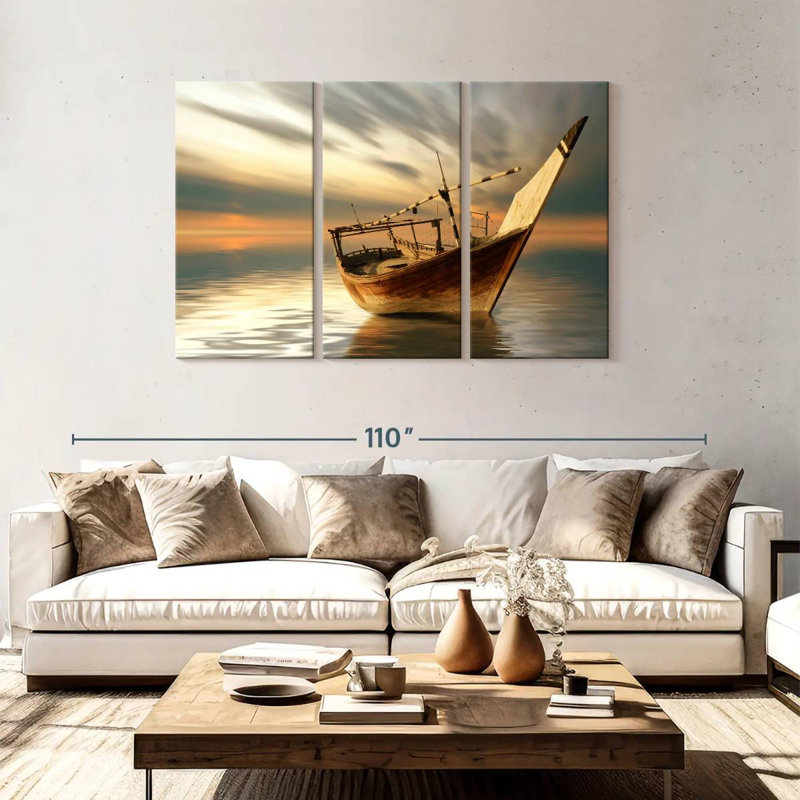 Bateau Mehar au coucher du soleil, H 48 po x l 74 po