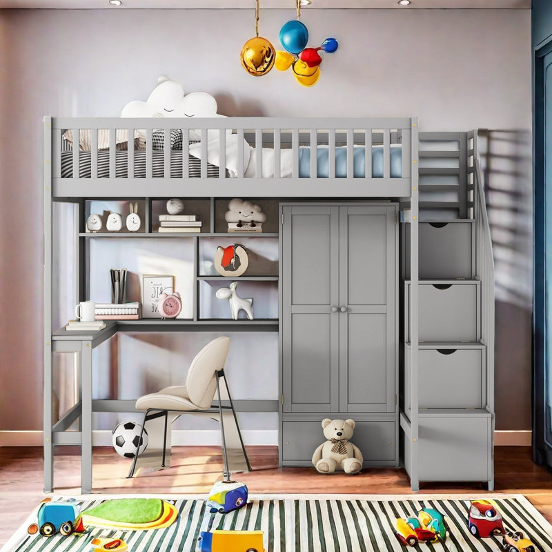 Lit mezzanine double avec tiroirs Kahlie Kids, gris