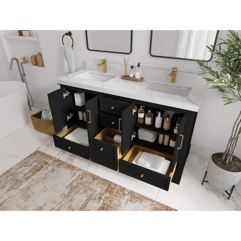 Meuble-lavabo double avec plateau Alys 60 (option boutons), Or Calacatta