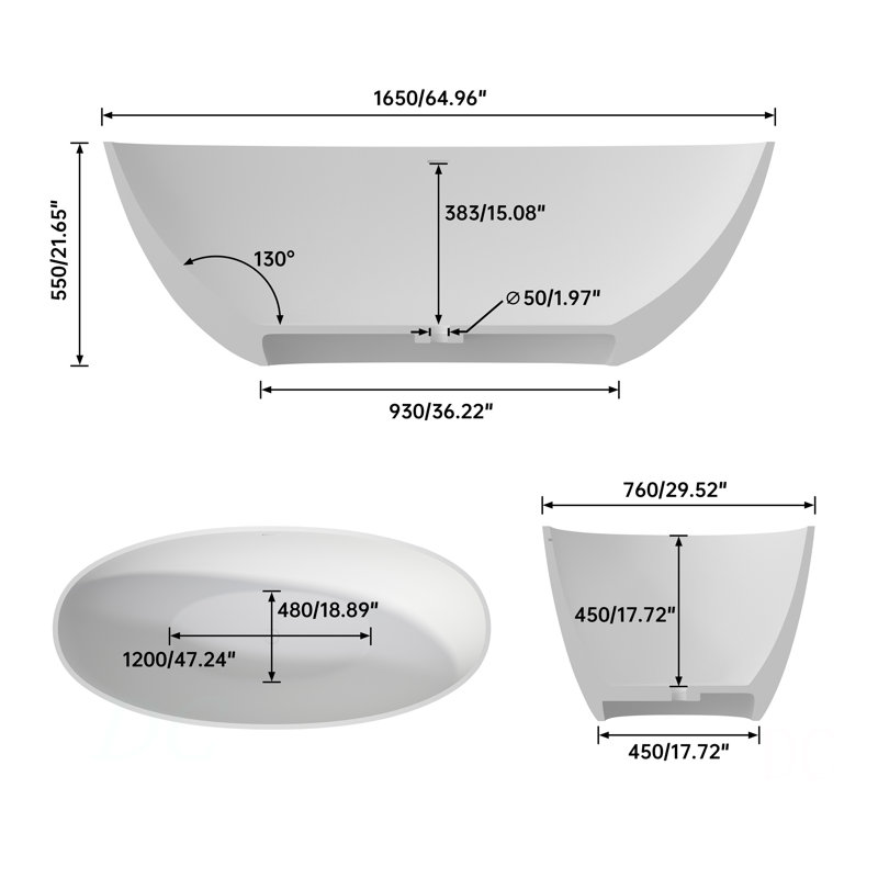65" Premium Solid Surface Deep Soaking Bathtub, Matte White