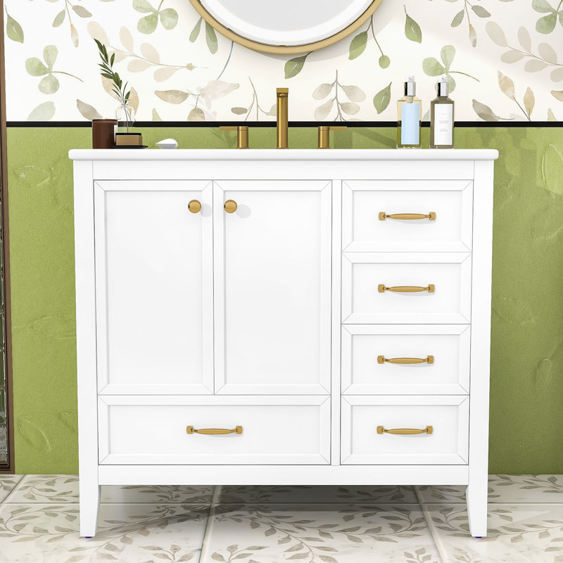36" Bathroom Vanity with Ceramic Sink, Soft-Closing Doors and Multi-Size Drawers, White