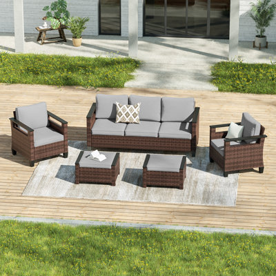 Ensemble de patio 5 pièces avec canapé 3 places, patio en rotin de polyéthylène avec coussins épais et structure robuste