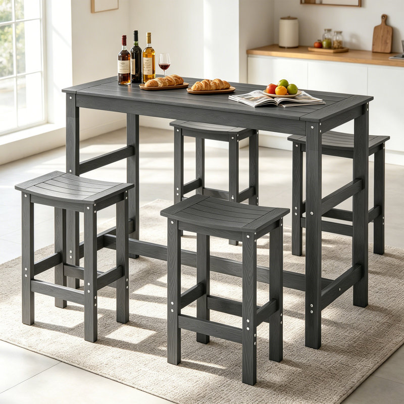 5-Piece HDPE Outdoor Patio Bar Set for 4-Person– 4 Stools & 1 Rectangular Table, All-Weather for Poolside, Garden, or Balcony