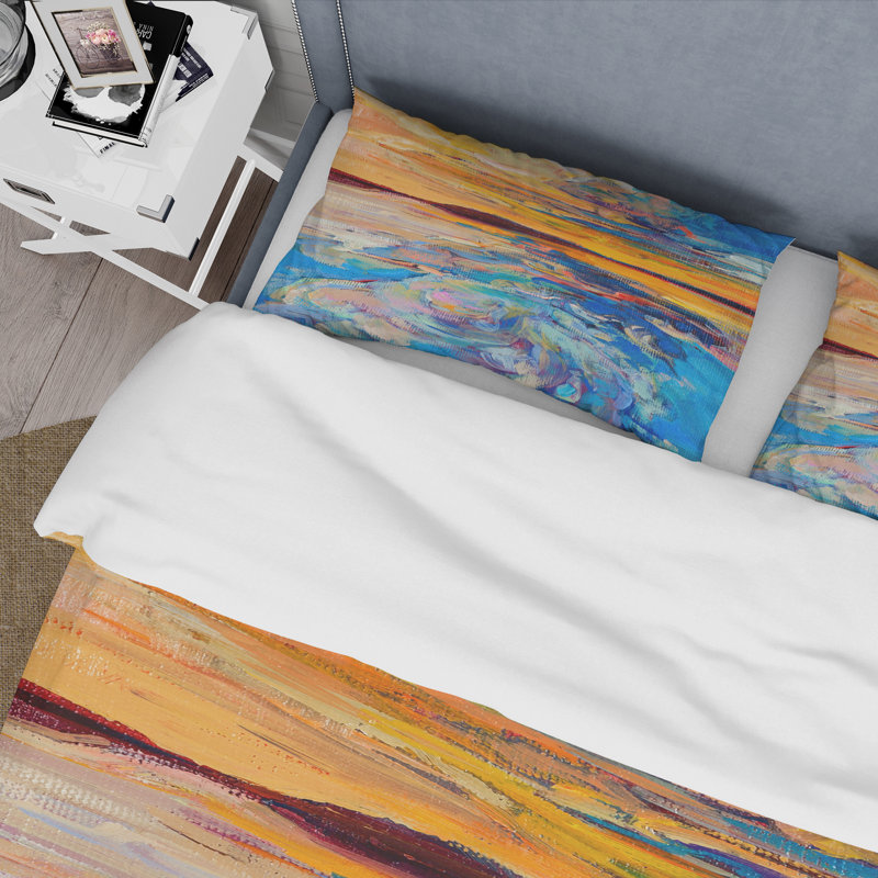 Orange Sunset Over Whirly Blue Waves - Ensemble de housse de couette nautique et côtier - Polyester en microfibre